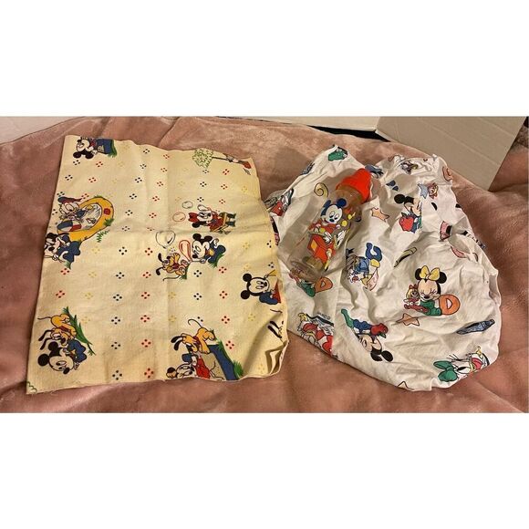 Dundee Vintage Disney Babies Mickey Mouse Crib Sheet Wet Pad & Baby Bottle Lot - Picture 1 of 9